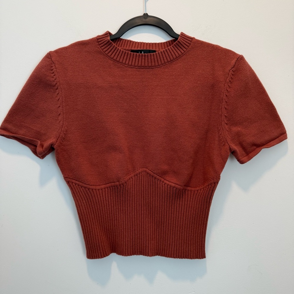 Lulus Everyone's a Winter Rust Brown Short Sleeve Seamed Sweater Top XL - Picture 2 of 11